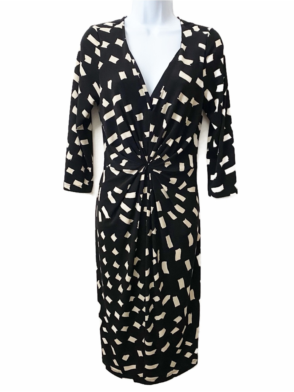Karen Kane, Twist Front Midi V-Neck 3/4 Sleeve Abstract Cocktail Party Office